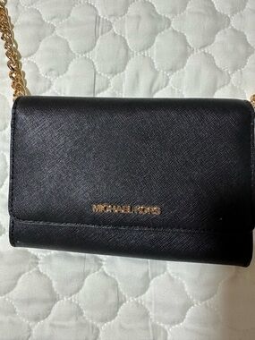 Michael Kors Black Saffiano Leather Chain Wallet with Gold Hardware